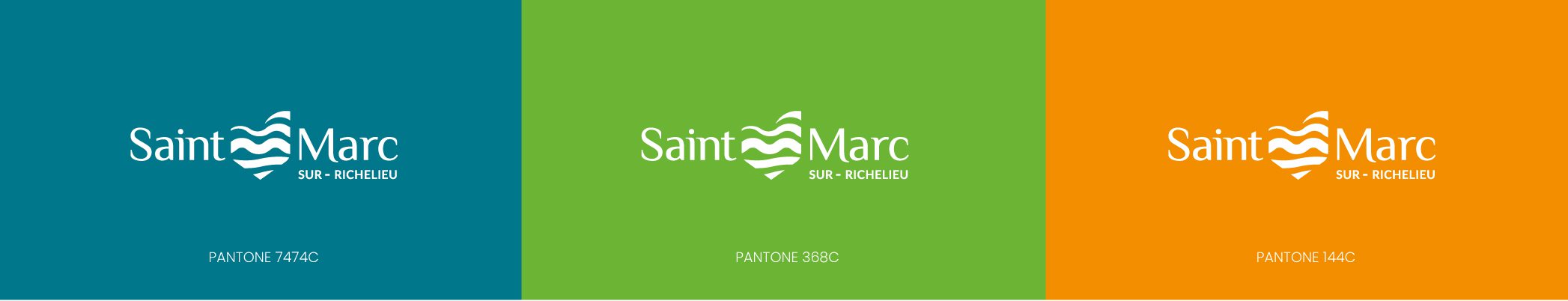 Brand color palette for Saint Marc: teal Pantone 7474C on the left with the Saint Marc logo, lime-green Pantone 368C in the middle with the logo, and orange Pantone 144C on the right with the logo.