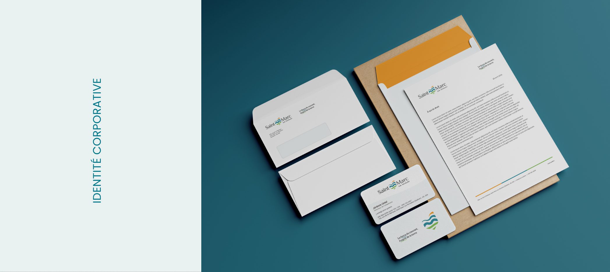 Branded corporate stationery set with envelopes, letterhead, and business cards on a teal background (Saint Marc logo visible)