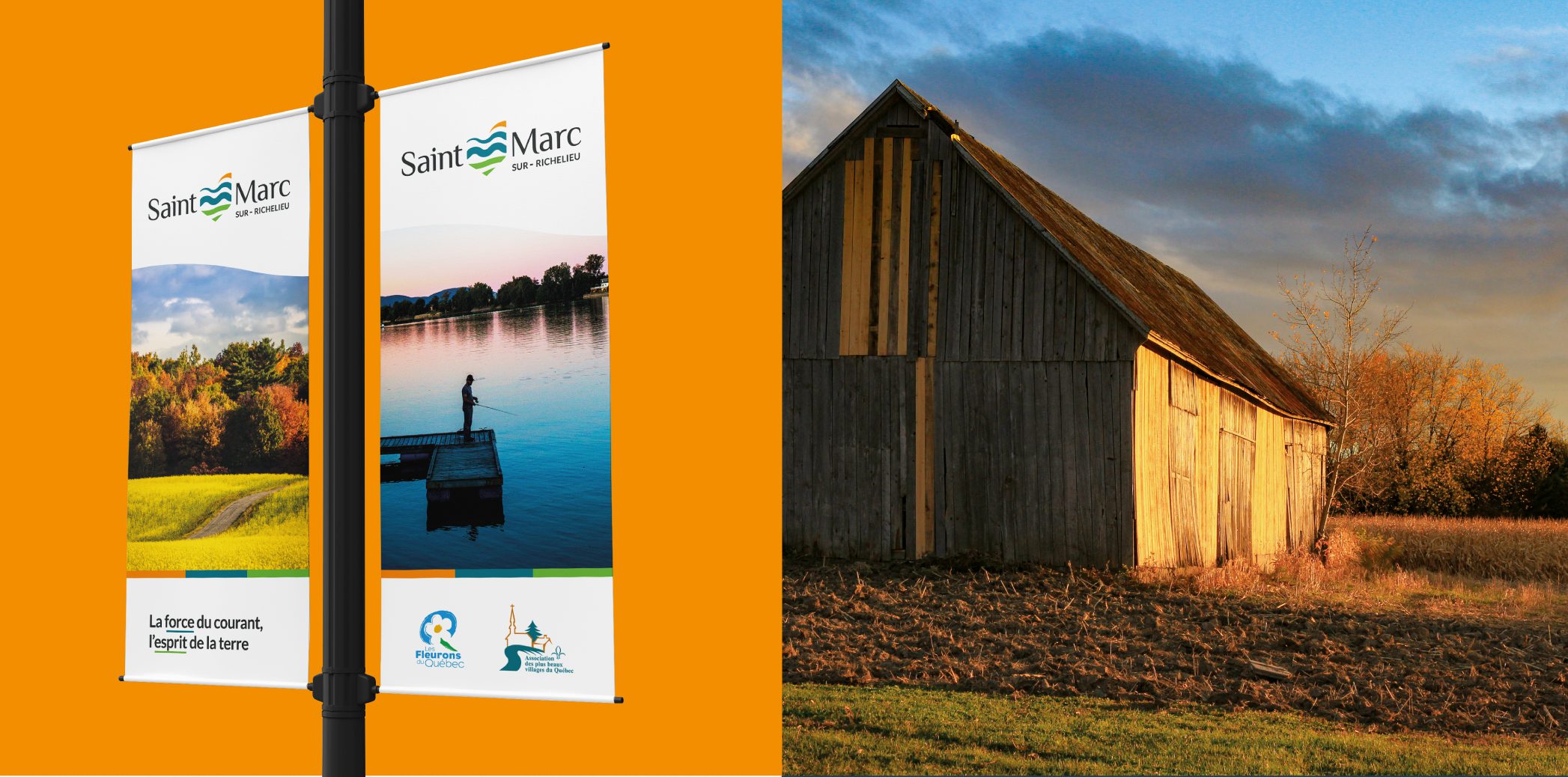 Promotional banners for Saint-Marc on a lamppost against an orange background, with a rustic barn bathed in golden hour light on the right.