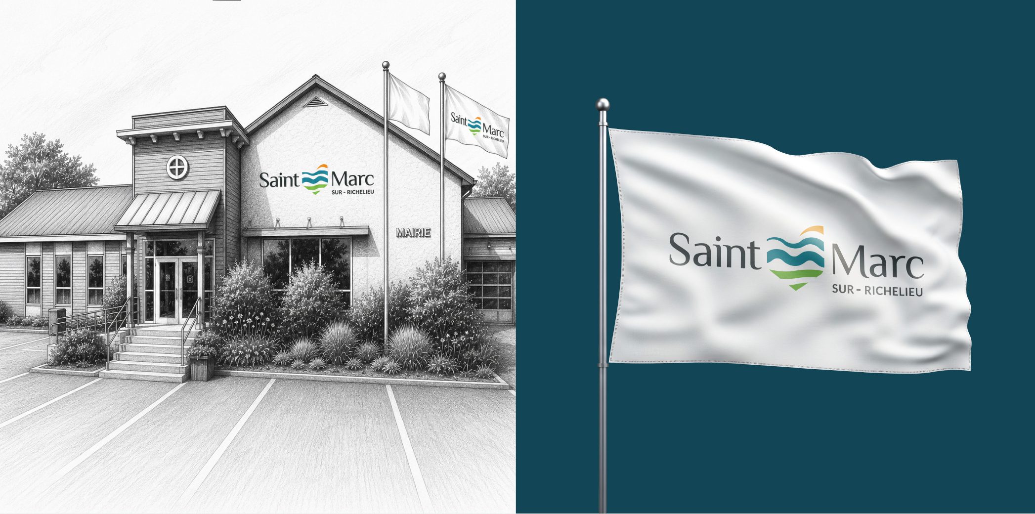 Split image showing a grayscale photo of the Saint-Marc town hall on the left with flagpoles and landscaping, and a white flag bearing the Saint-Marc logo waving on a teal background on the right.