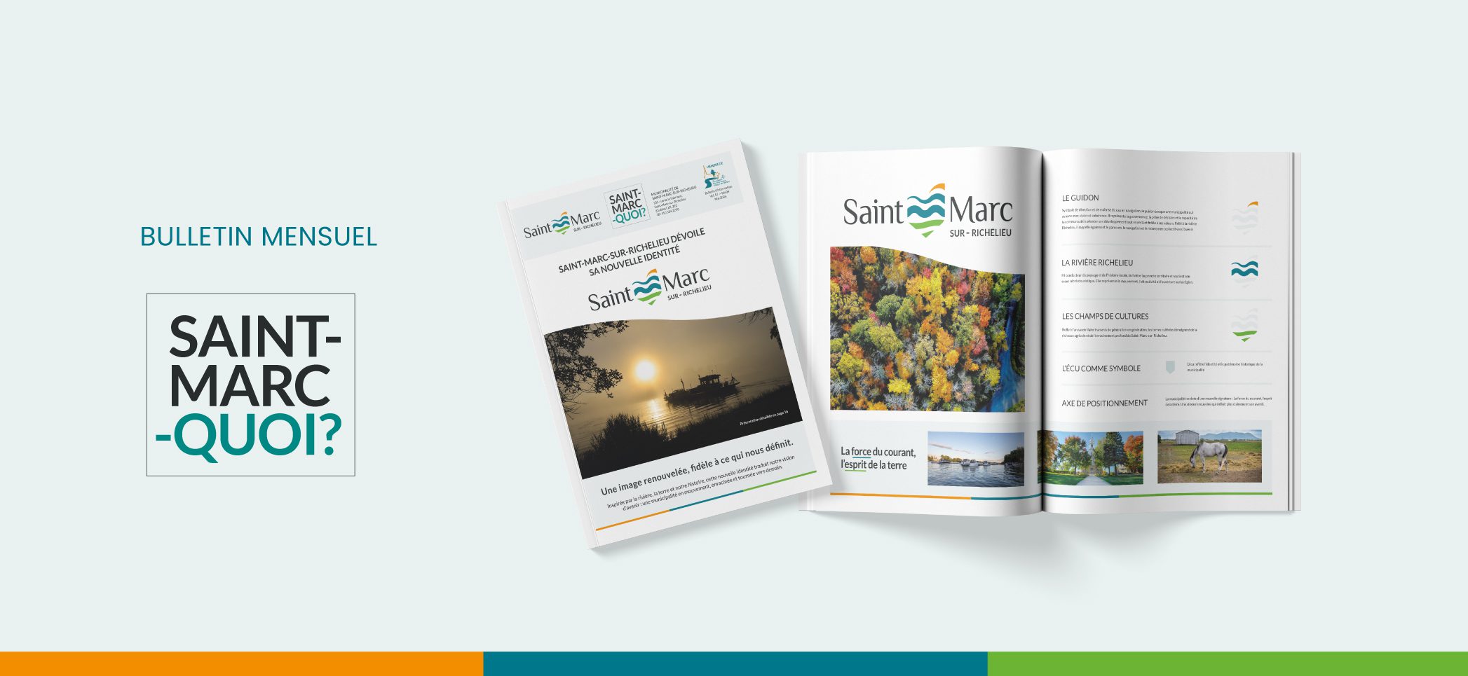 Saint-Marc monthly bulletin banner showing a logo on the left and two opened magazine spreads on a pale blue background.
