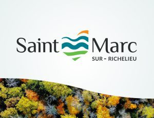 Saint-Marc Sur-Richelieu logo with teal waves, orange accent, and green shapes above a curved autumn forest banner.