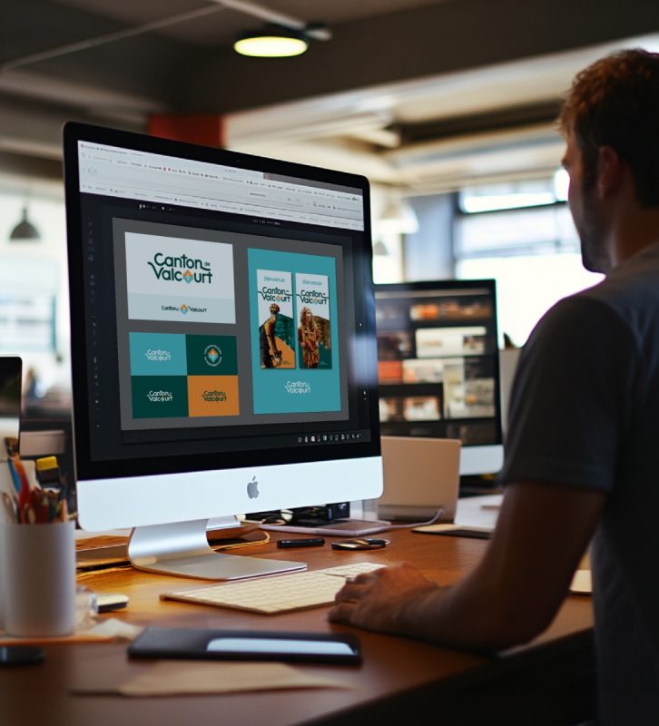 Designer at a desk editing a brochure layout on an iMac with blue and teal panels on screen.