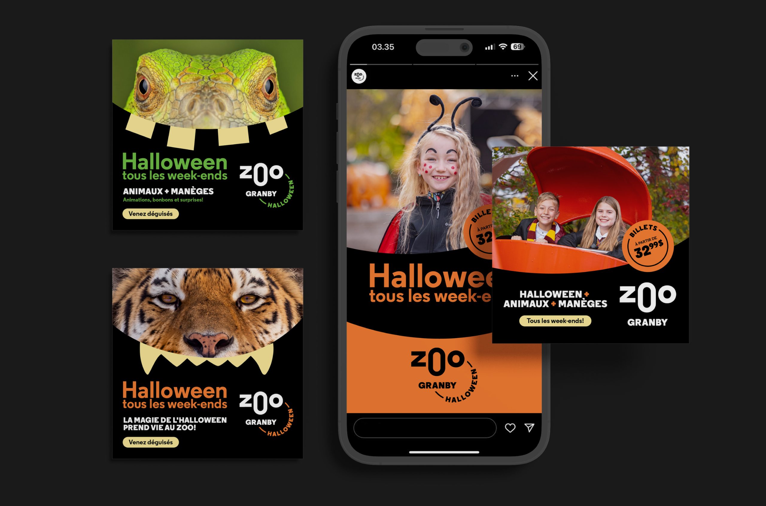 Collage of Halloween posters for ZoO Granby: a green lizard-themed ad with 'Halloween tous les week-ends' and other animal/ride promos; a smartphone screen shows costumed kids and more posters nearby.