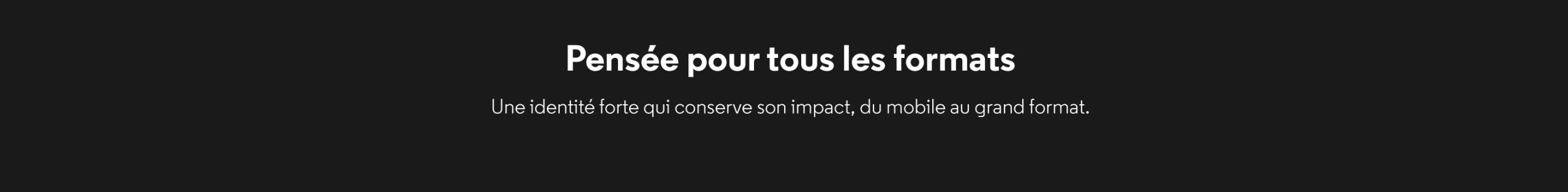 Slogan in French on a dark banner: 'Pensée pour tous les formats' with subtitle about a strong identity from mobile to large formats.