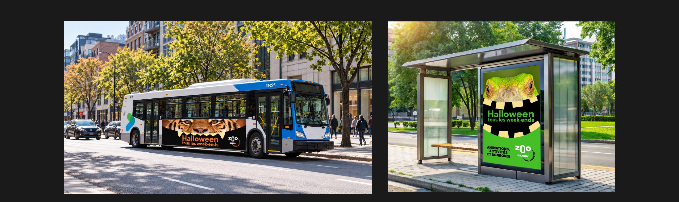 City street bus with a Halloween ad featuring a tiger face and the text 'Halloween tous les week-ends'.